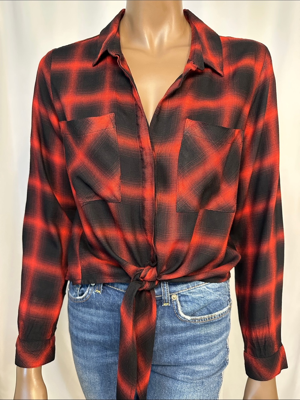 Bella Dahl Black & Red Plaid Waist Tie Button Down Blouse | Made in the USA